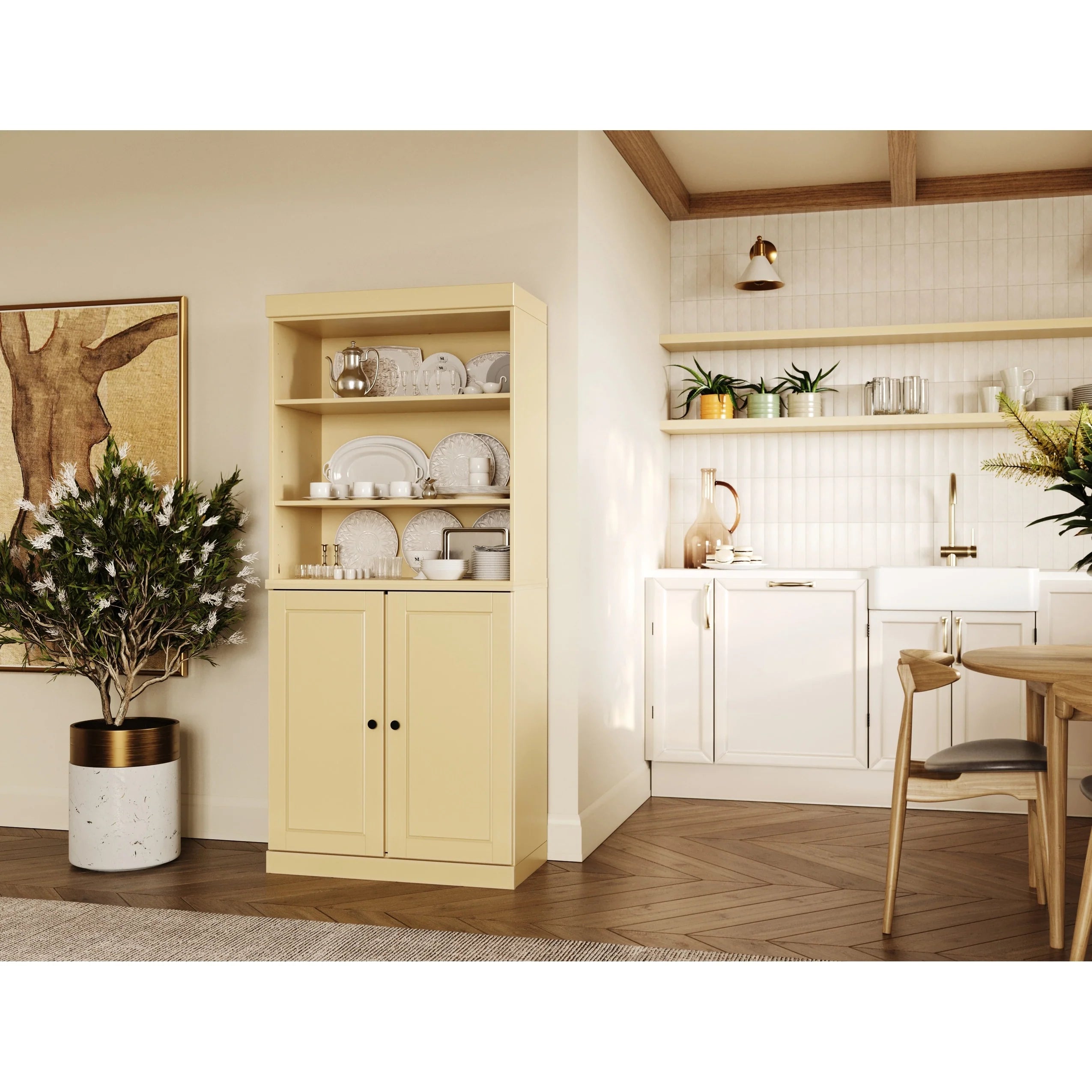 100% Solid Wood Kitchen Pantry Cabinet with 2 Clear Glass or Solid Wood Doors and 2-Drawer Organizer by Palace Imports