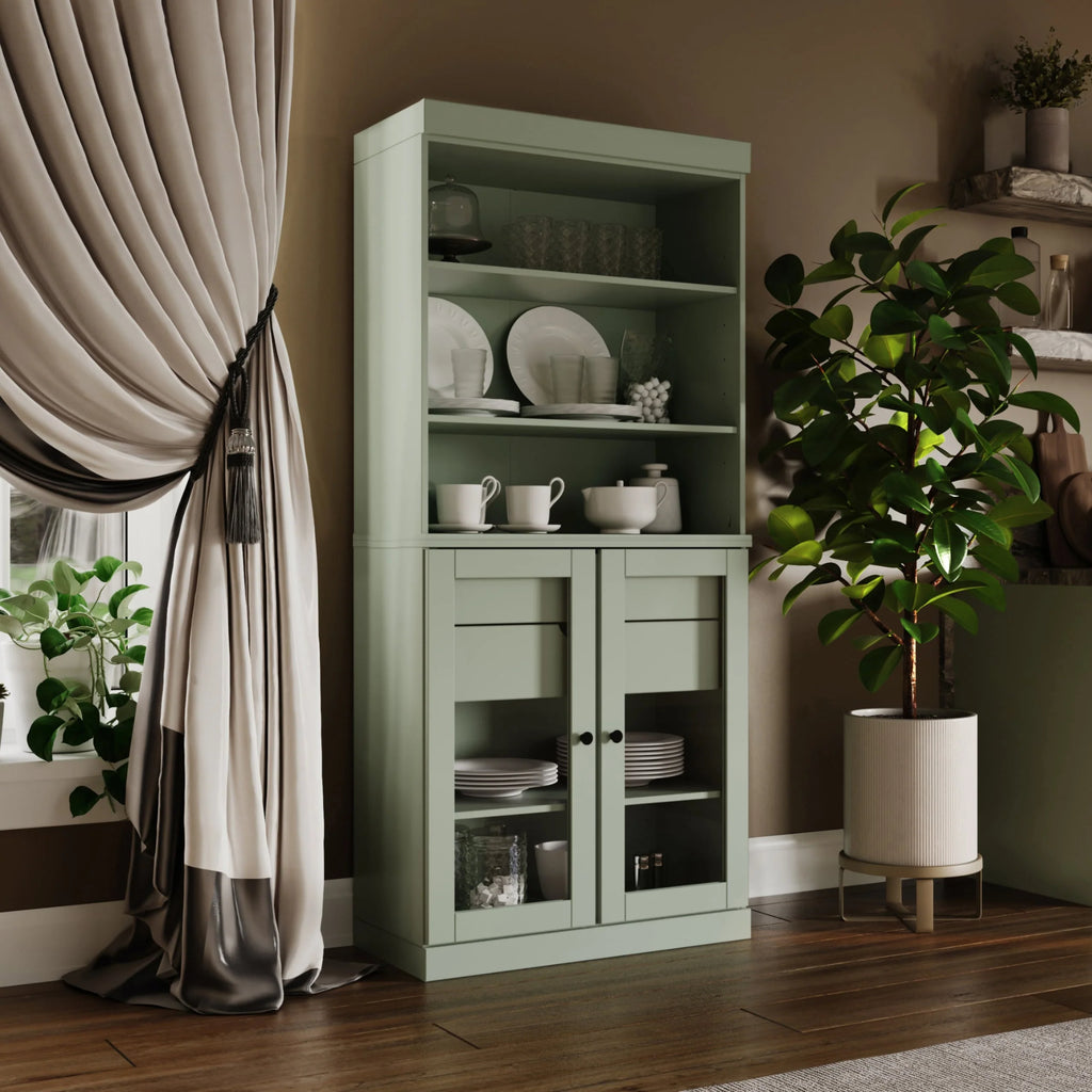 100% Solid Wood Kitchen Pantry Cabinet with 2 Clear Glass or Solid Wood Doors and 2-Drawer Organizer by Palace Imports