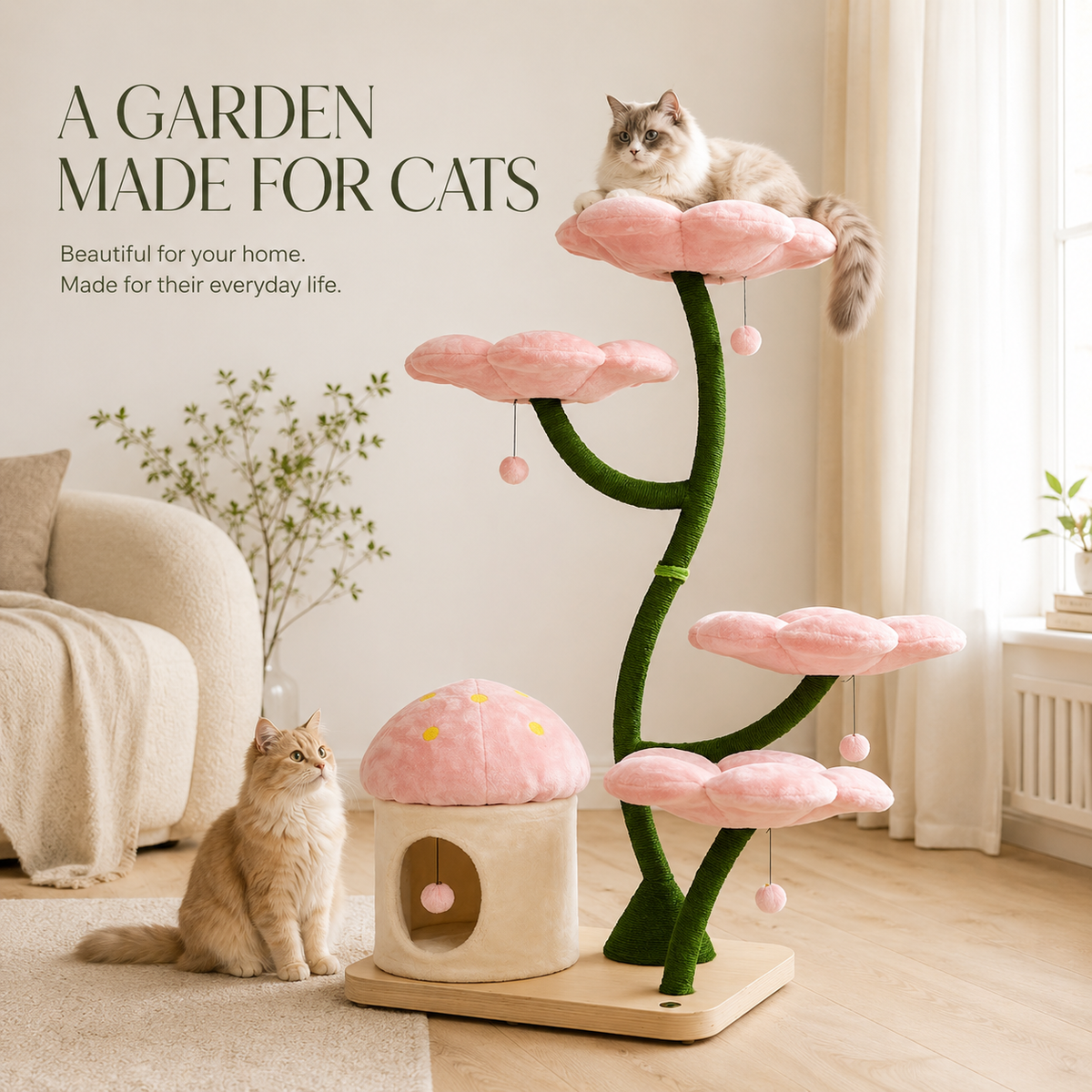 160cm Floral Garden Cat Tree with 4 Plush Flower Beds & Cozy Hideaway