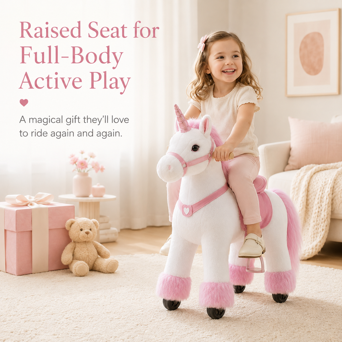 Kid-Powered Ride-On Unicorn Toy with Brake, Sound Button & Smooth Rolling Wheels
